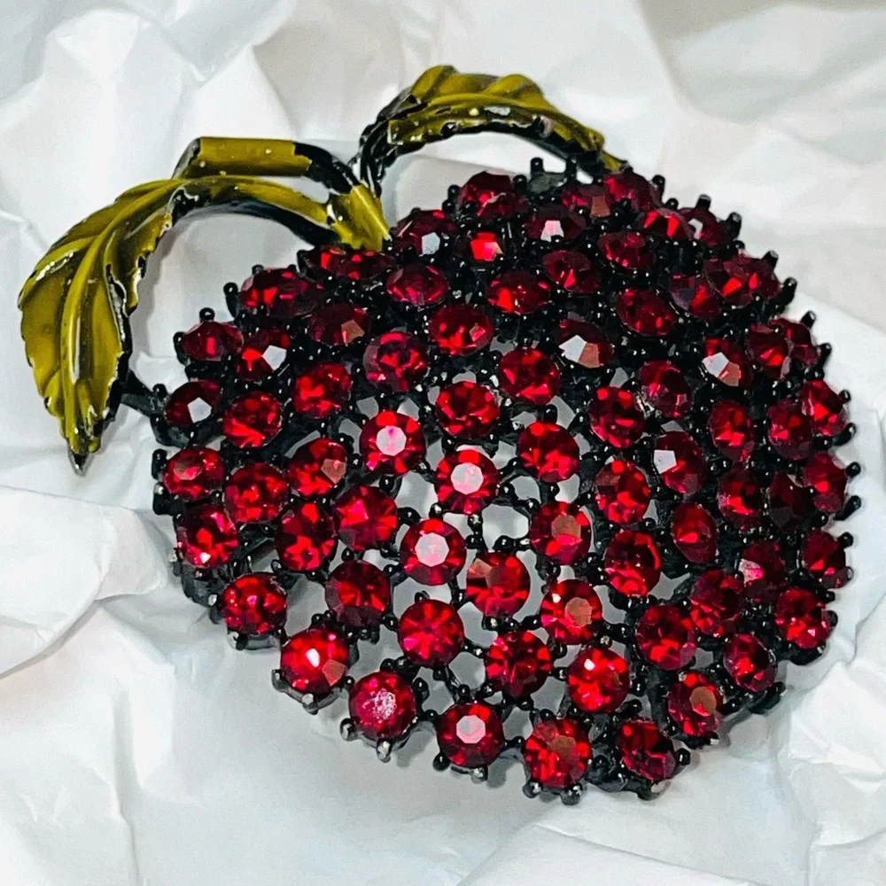 Weiss Red Rhinestone Apple Brooch Pin, Japanned Black Setting, Enamel Leaves